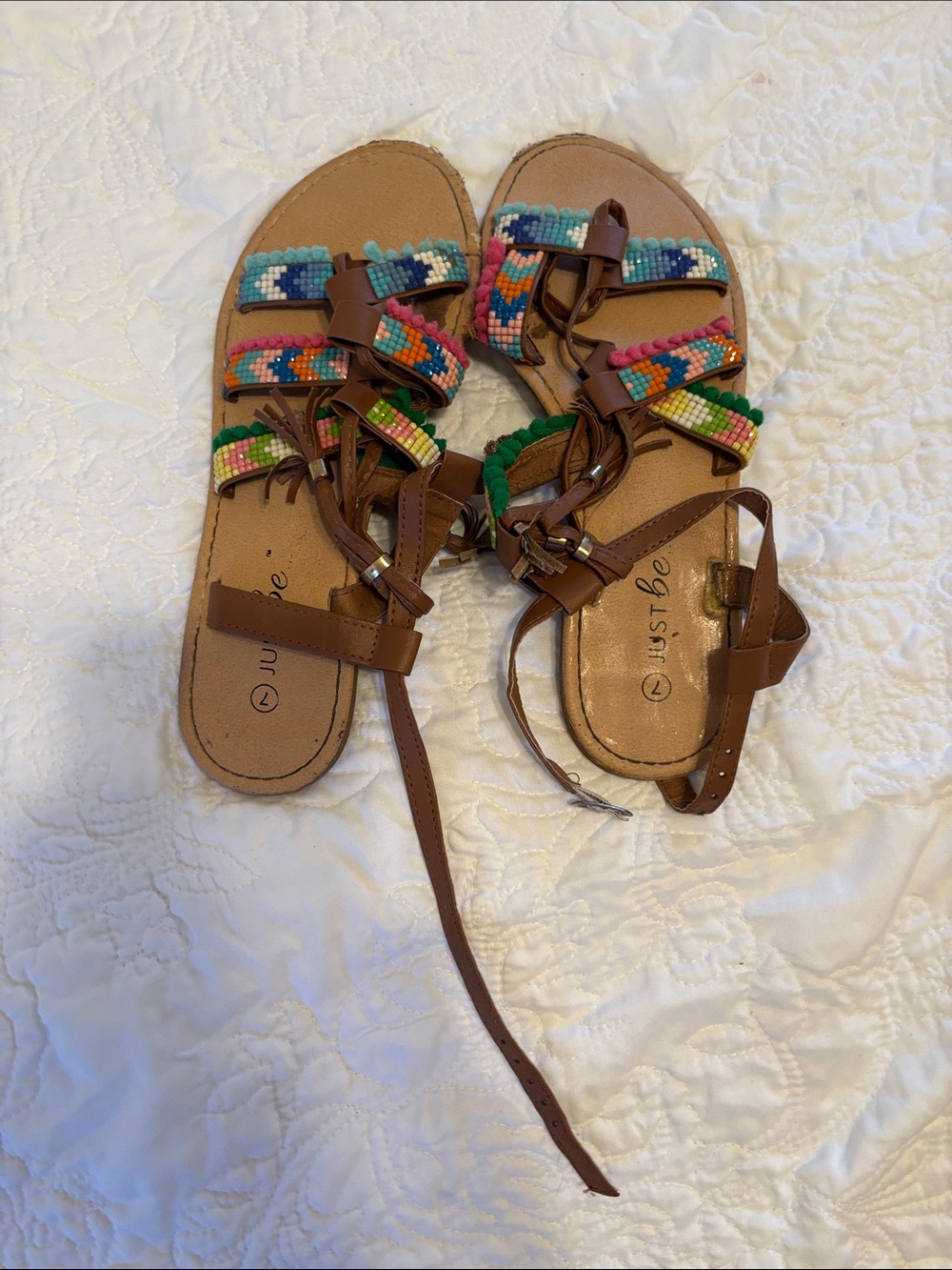 just be Brown Leather Sandals with Multicolor Bead Straps